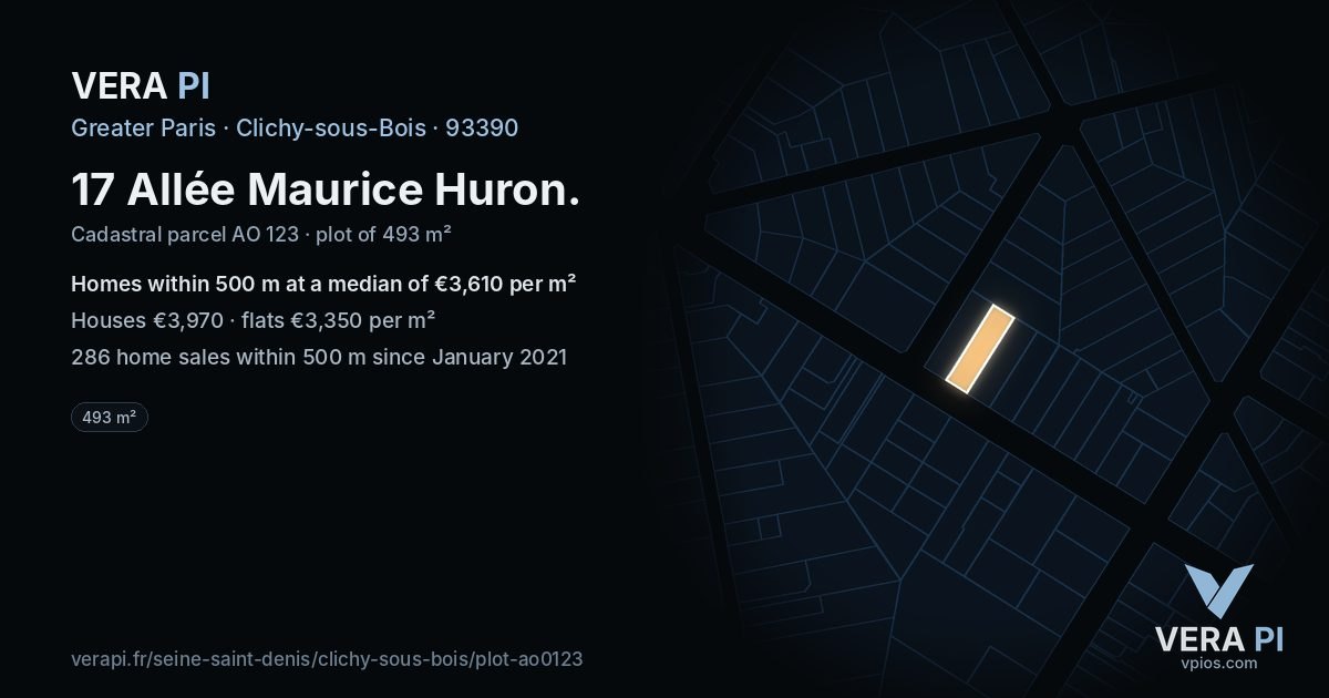 17 Allée Maurice Huron, Clichy-sous-Bois at night – the plot lit, the parcels around coloured by the prices near them