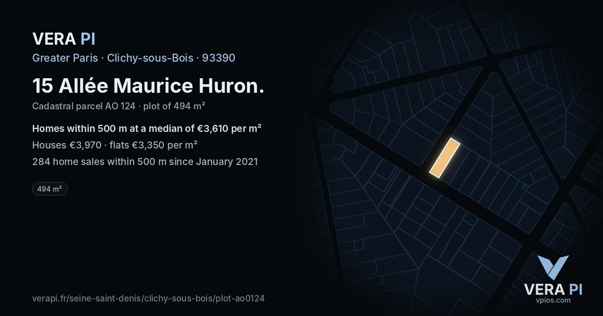 15 Allée Maurice Huron, Clichy-sous-Bois at night – the plot lit, the parcels around coloured by the prices near them