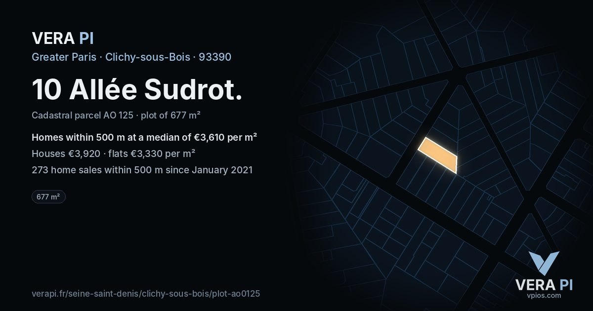 10 Allée Sudrot, Clichy-sous-Bois at night – the plot lit, the parcels around coloured by the prices near them