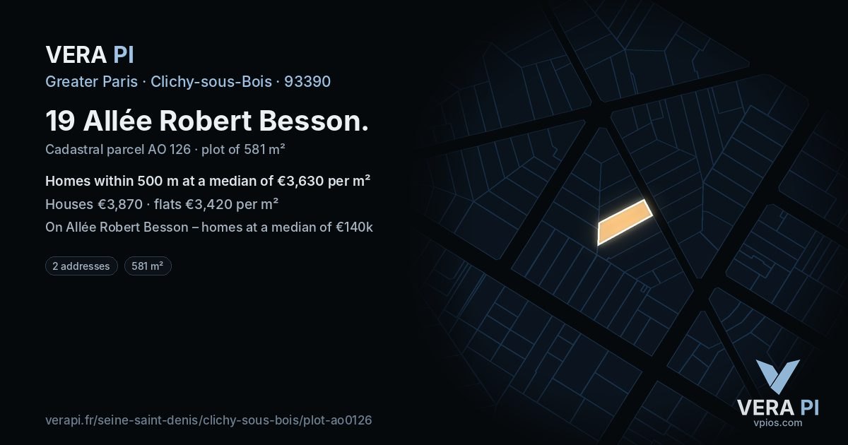 19 Allée Robert Besson, Clichy-sous-Bois at night – the plot lit, the parcels around coloured by the prices near them