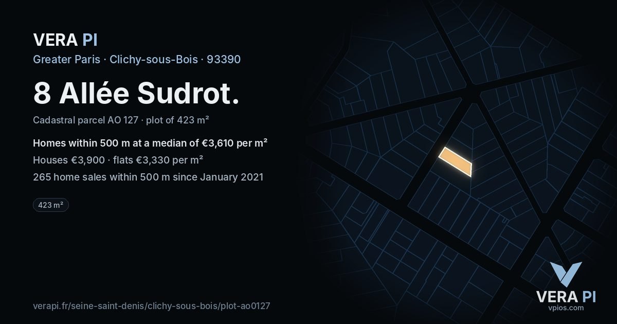 8 Allée Sudrot, Clichy-sous-Bois at night – the plot lit, the parcels around coloured by the prices near them