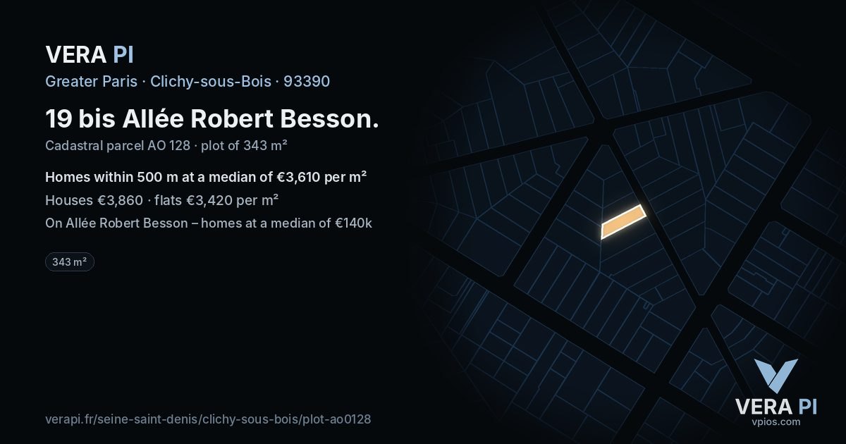 19 bis Allée Robert Besson, Clichy-sous-Bois at night – the plot lit, the parcels around coloured by the prices near them