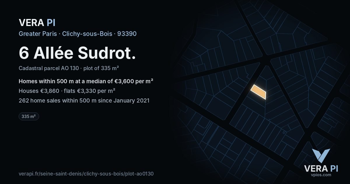 6 Allée Sudrot, Clichy-sous-Bois at night – the plot lit, the parcels around coloured by the prices near them