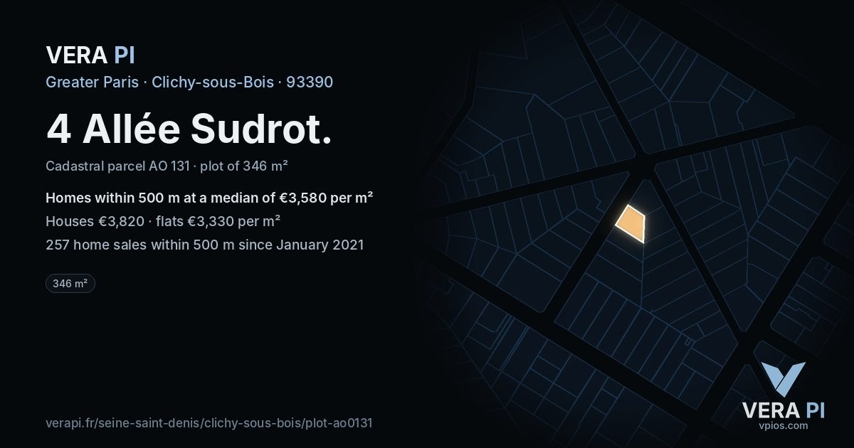 4 Allée Sudrot, Clichy-sous-Bois at night – the plot lit, the parcels around coloured by the prices near them