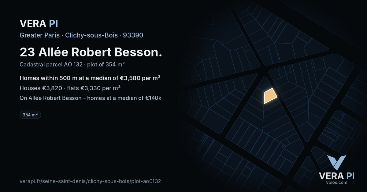 23 Allée Robert Besson, Clichy-sous-Bois at night – the plot lit, the parcels around coloured by the prices near them