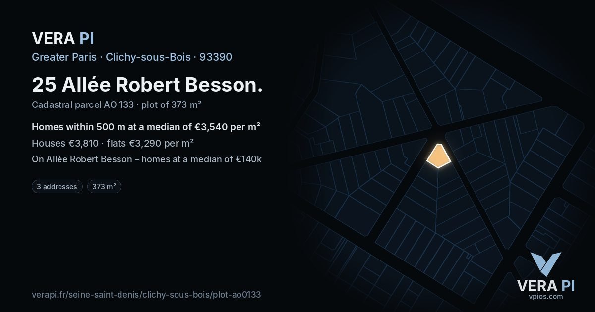 25 Allée Robert Besson, Clichy-sous-Bois at night – the plot lit, the parcels around coloured by the prices near them