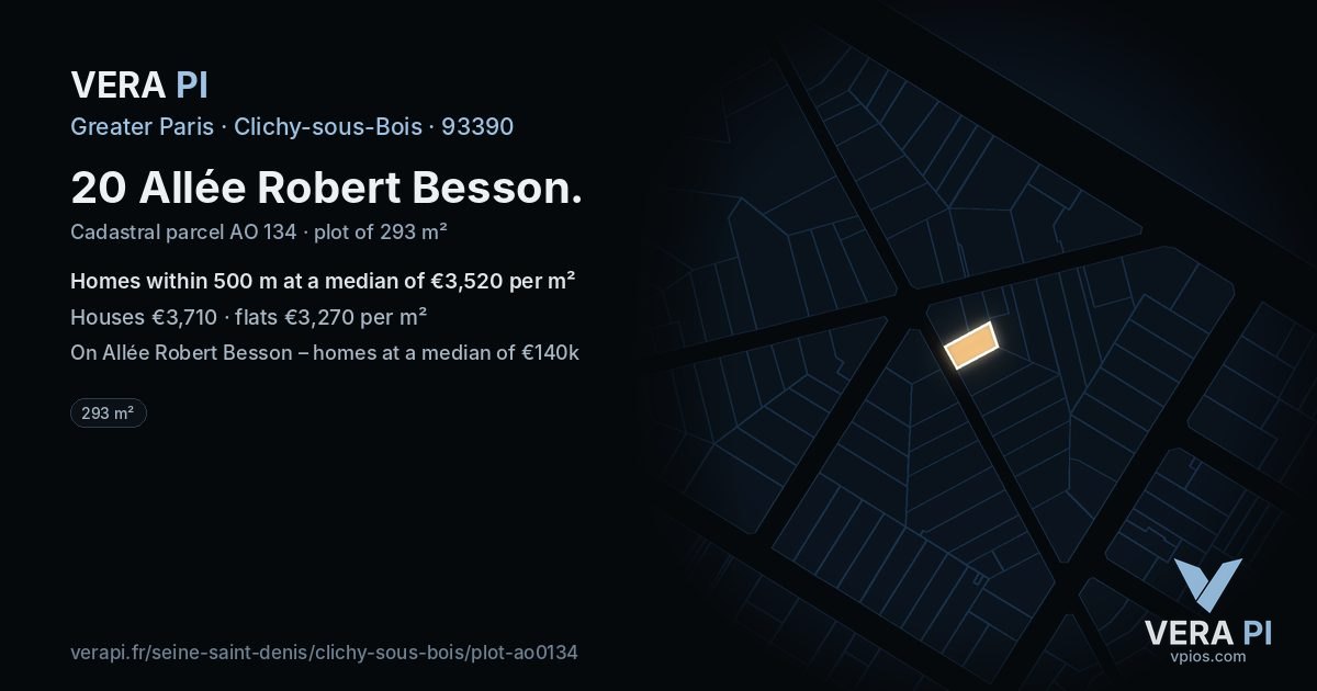 20 Allée Robert Besson, Clichy-sous-Bois at night – the plot lit, the parcels around coloured by the prices near them