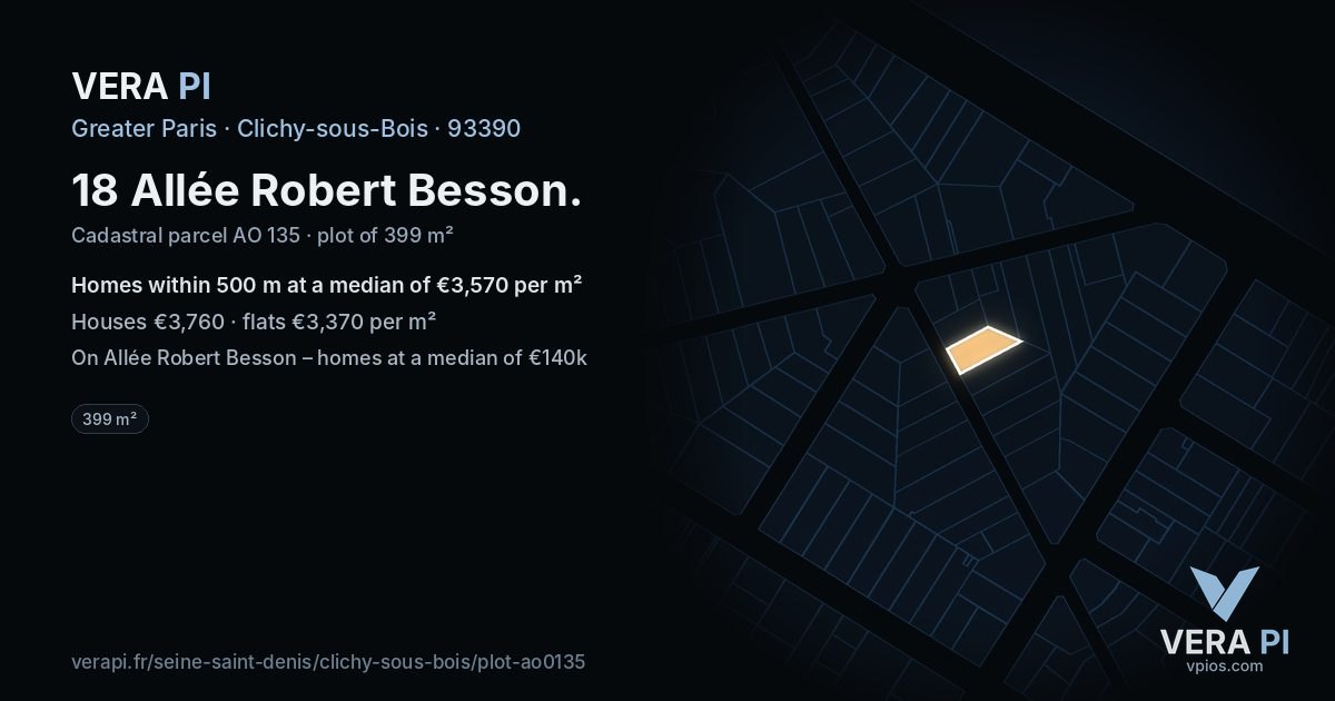 18 Allée Robert Besson, Clichy-sous-Bois at night – the plot lit, the parcels around coloured by the prices near them