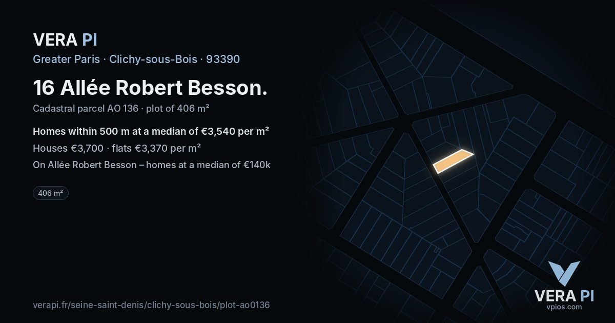 16 Allée Robert Besson, Clichy-sous-Bois at night – the plot lit, the parcels around coloured by the prices near them