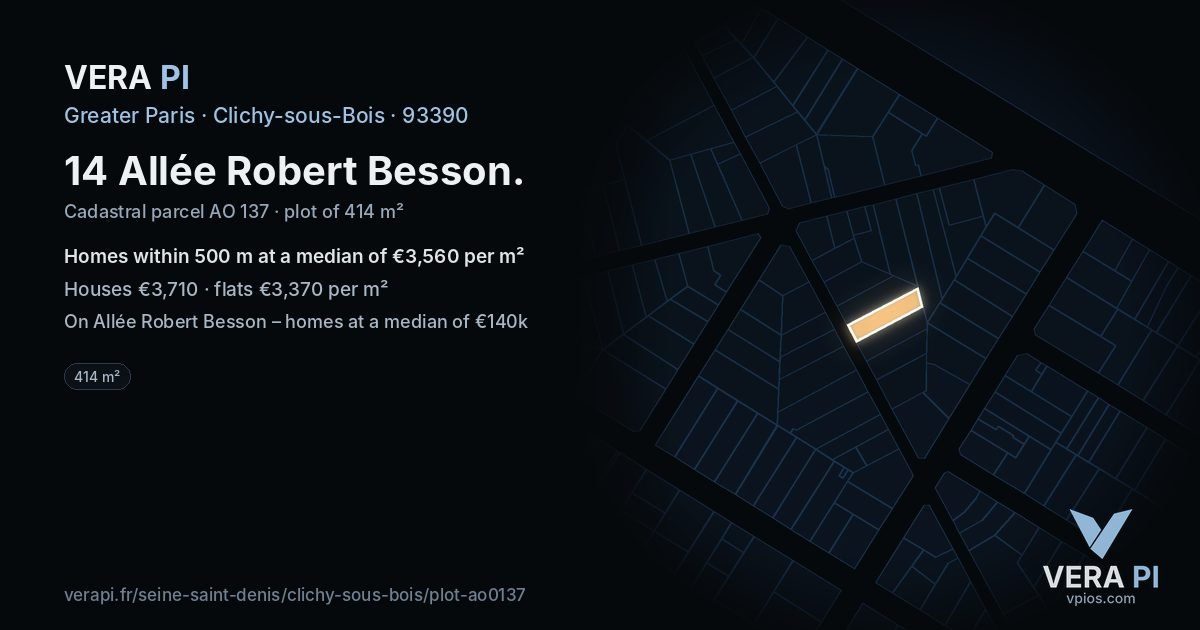 14 Allée Robert Besson, Clichy-sous-Bois at night – the plot lit, the parcels around coloured by the prices near them