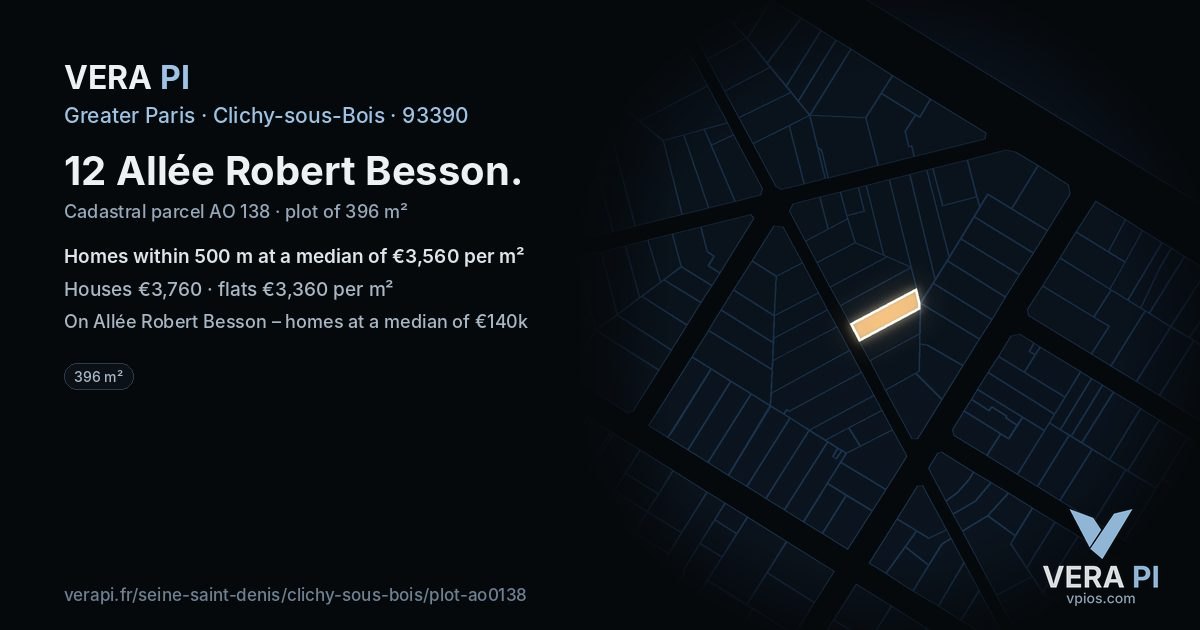 12 Allée Robert Besson, Clichy-sous-Bois at night – the plot lit, the parcels around coloured by the prices near them