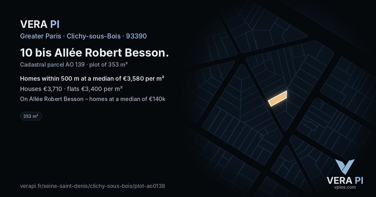 10 bis Allée Robert Besson, Clichy-sous-Bois at night – the plot lit, the parcels around coloured by the prices near them