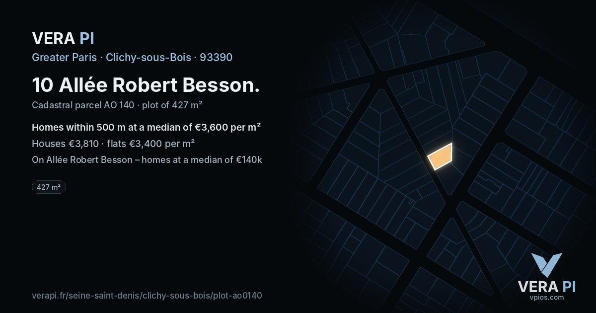 10 Allée Robert Besson, Clichy-sous-Bois at night – the plot lit, the parcels around coloured by the prices near them