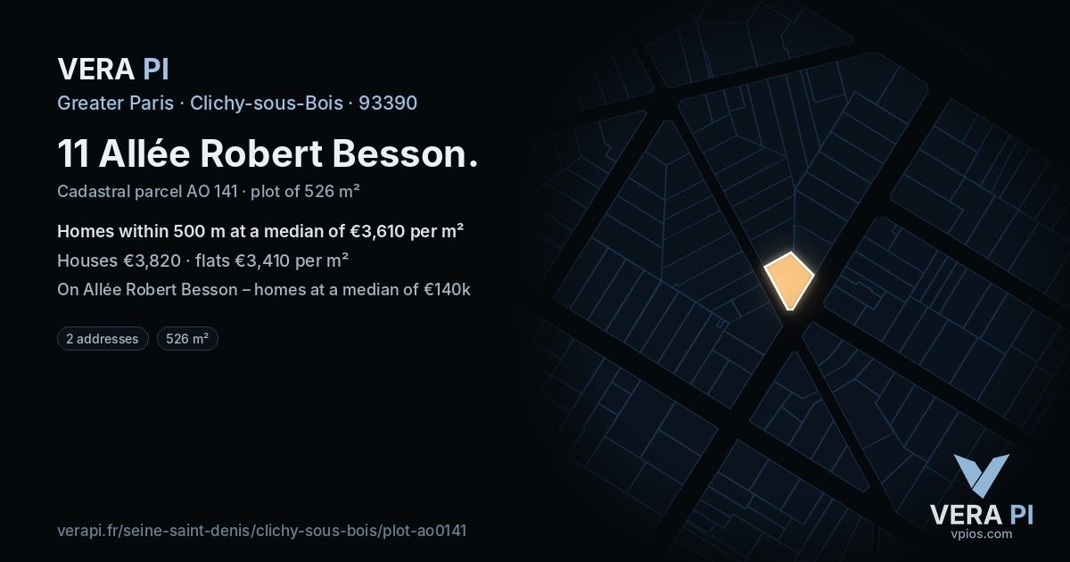11 Allée Robert Besson, Clichy-sous-Bois at night – the plot lit, the parcels around coloured by the prices near them