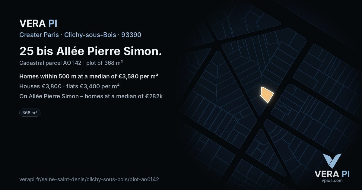 25 bis Allée Pierre Simon, Clichy-sous-Bois at night – the plot lit, the parcels around coloured by the prices near them