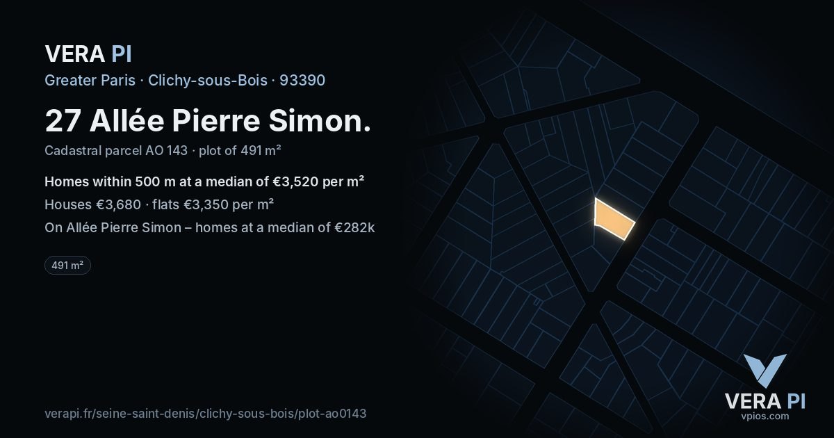 27 Allée Pierre Simon, Clichy-sous-Bois at night – the plot lit, the parcels around coloured by the prices near them