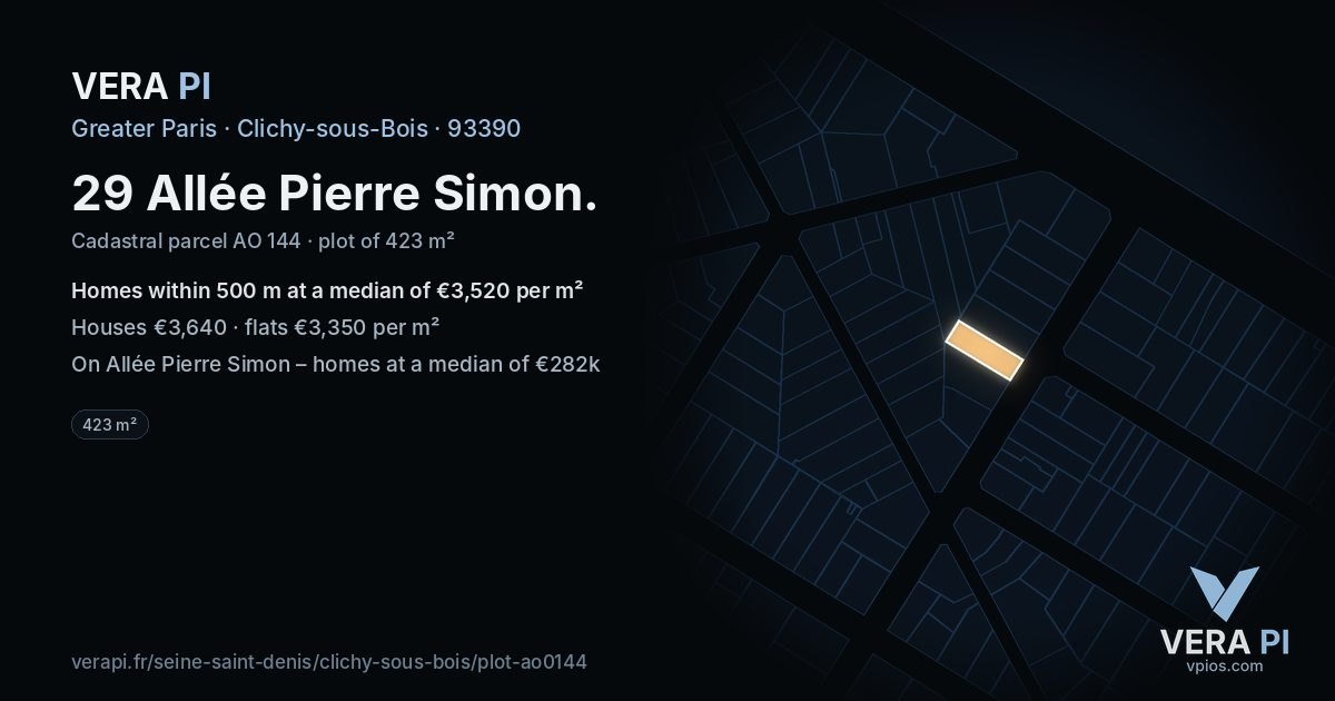 29 Allée Pierre Simon, Clichy-sous-Bois at night – the plot lit, the parcels around coloured by the prices near them