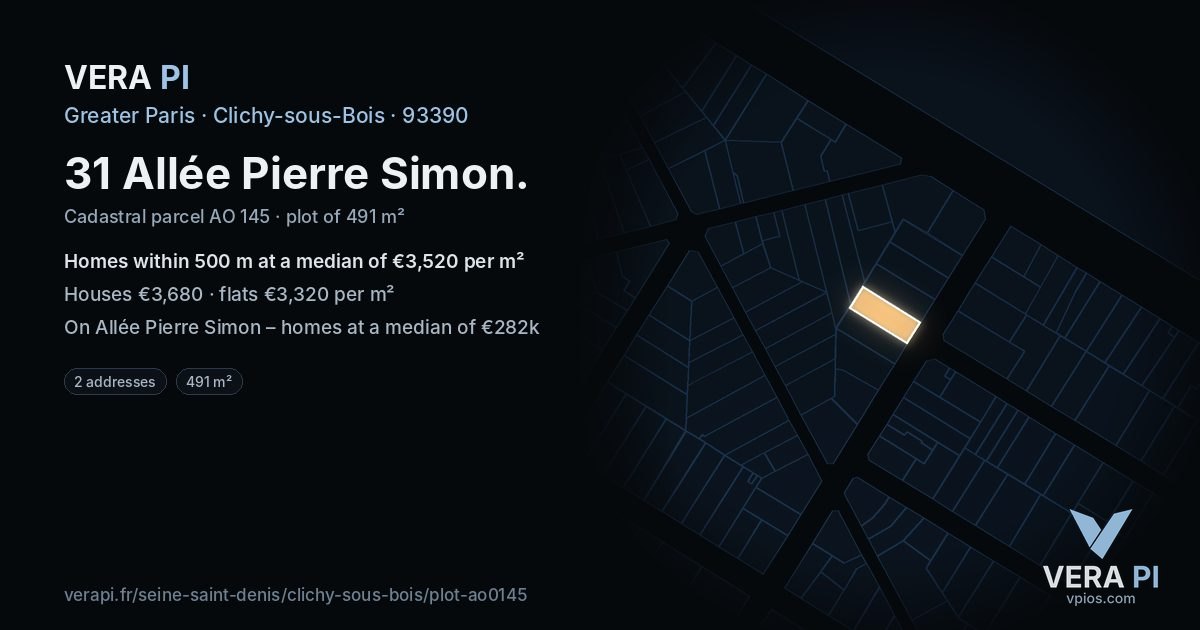 31 Allée Pierre Simon, Clichy-sous-Bois at night – the plot lit, the parcels around coloured by the prices near them