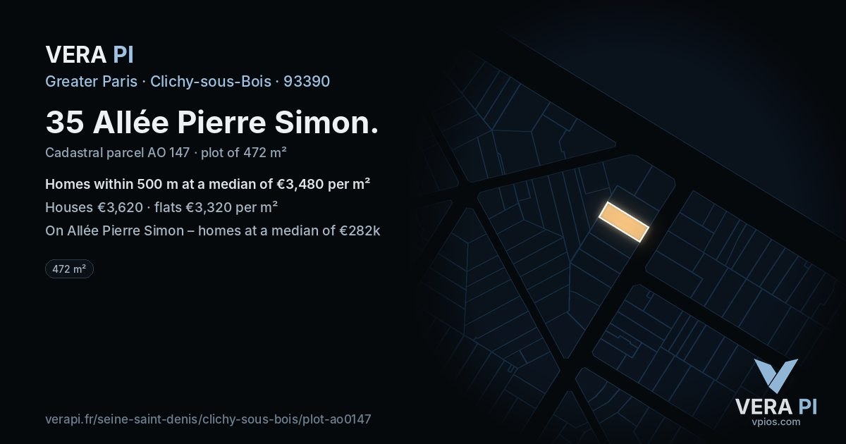 35 Allée Pierre Simon, Clichy-sous-Bois at night – the plot lit, the parcels around coloured by the prices near them