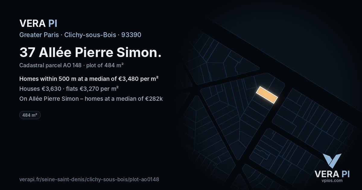 37 Allée Pierre Simon, Clichy-sous-Bois at night – the plot lit, the parcels around coloured by the prices near them