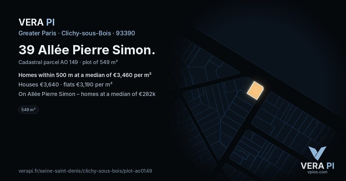 39 Allée Pierre Simon, Clichy-sous-Bois at night – the plot lit, the parcels around coloured by the prices near them