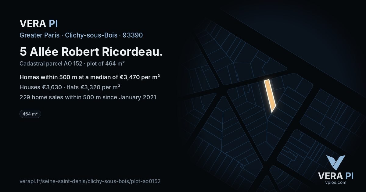 5 Allée Robert Ricordeau, Clichy-sous-Bois at night – the plot lit, the parcels around coloured by the prices near them
