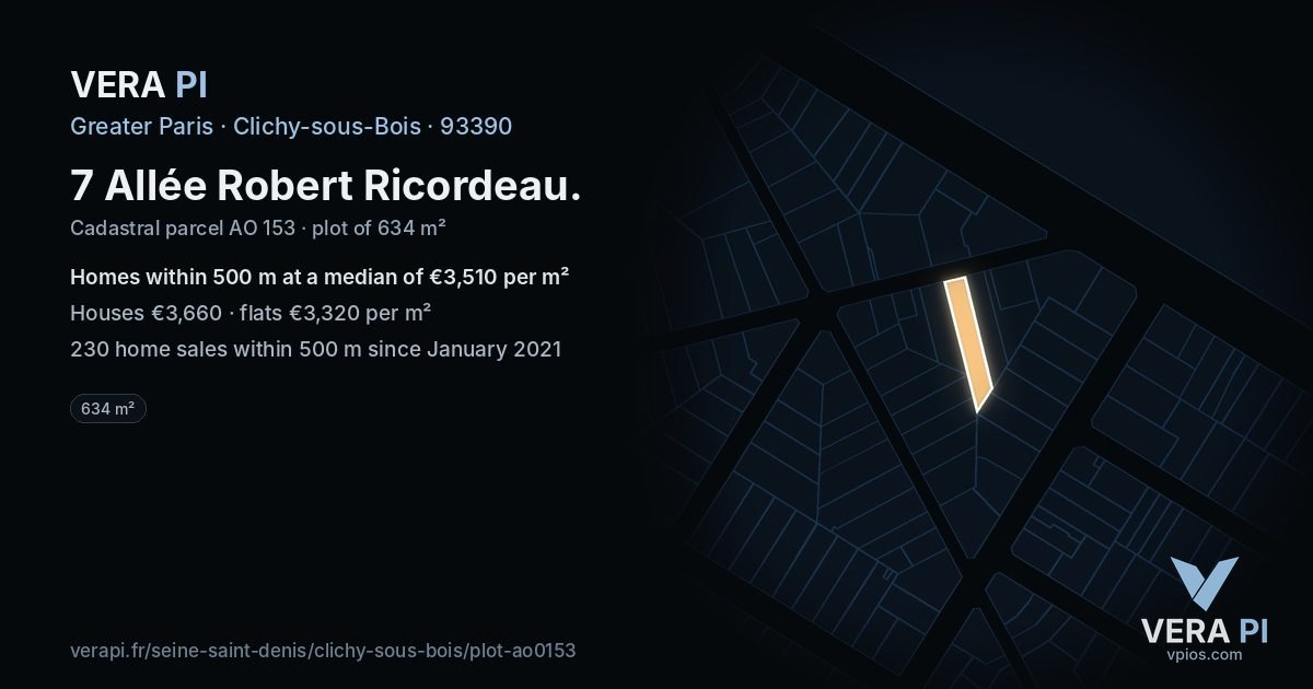 7 Allée Robert Ricordeau, Clichy-sous-Bois at night – the plot lit, the parcels around coloured by the prices near them