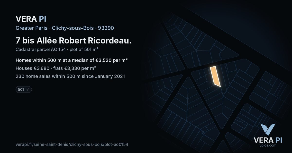 7 bis Allée Robert Ricordeau, Clichy-sous-Bois at night – the plot lit, the parcels around coloured by the prices near them