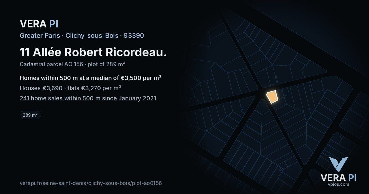 11 Allée Robert Ricordeau, Clichy-sous-Bois at night – the plot lit, the parcels around coloured by the prices near them