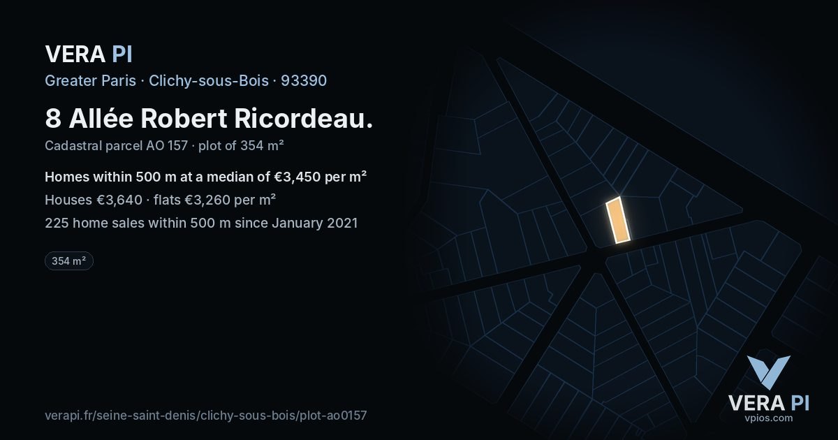 8 Allée Robert Ricordeau, Clichy-sous-Bois at night – the plot lit, the parcels around coloured by the prices near them