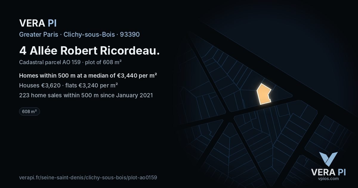4 Allée Robert Ricordeau, Clichy-sous-Bois at night – the plot lit, the parcels around coloured by the prices near them