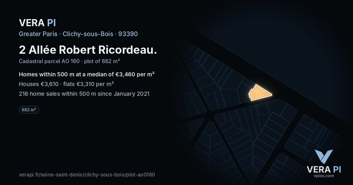 2 Allée Robert Ricordeau, Clichy-sous-Bois at night – the plot lit, the parcels around coloured by the prices near them