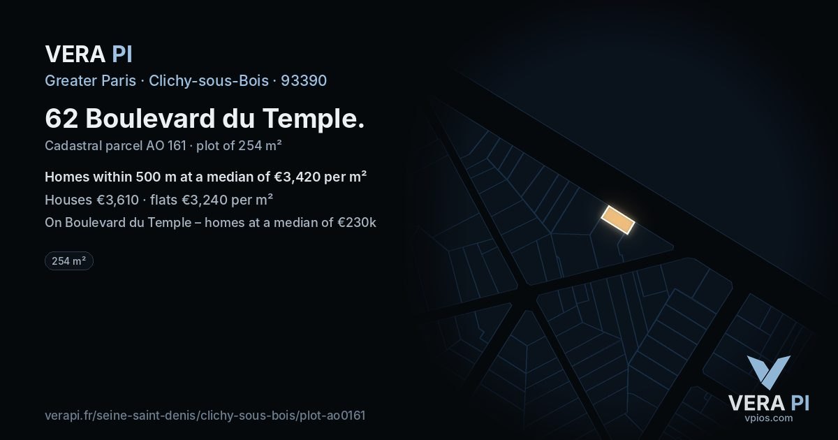 62 Boulevard du Temple, Clichy-sous-Bois at night – the plot lit, the parcels around coloured by the prices near them