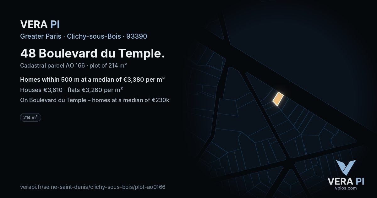 48 Boulevard du Temple, Clichy-sous-Bois at night – the plot lit, the parcels around coloured by the prices near them