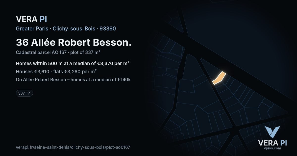 36 Allée Robert Besson, Clichy-sous-Bois at night – the plot lit, the parcels around coloured by the prices near them