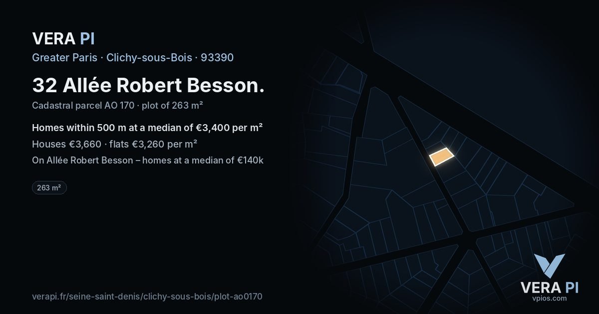 32 Allée Robert Besson, Clichy-sous-Bois at night – the plot lit, the parcels around coloured by the prices near them