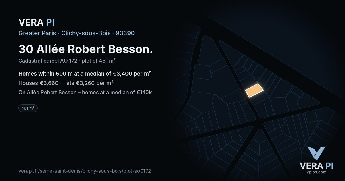 30 Allée Robert Besson, Clichy-sous-Bois at night – the plot lit, the parcels around coloured by the prices near them