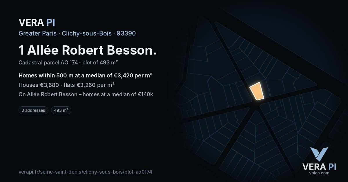1 Allée Robert Besson, Clichy-sous-Bois at night – the plot lit, the parcels around coloured by the prices near them