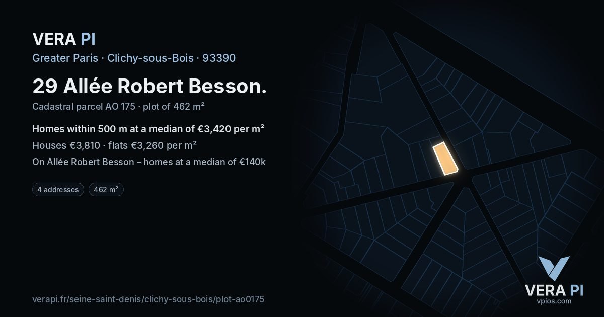 29 Allée Robert Besson, Clichy-sous-Bois at night – the plot lit, the parcels around coloured by the prices near them