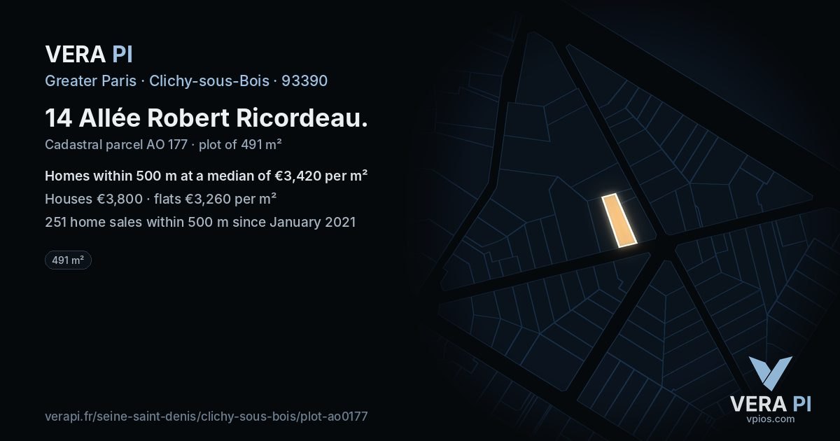 14 Allée Robert Ricordeau, Clichy-sous-Bois at night – the plot lit, the parcels around coloured by the prices near them