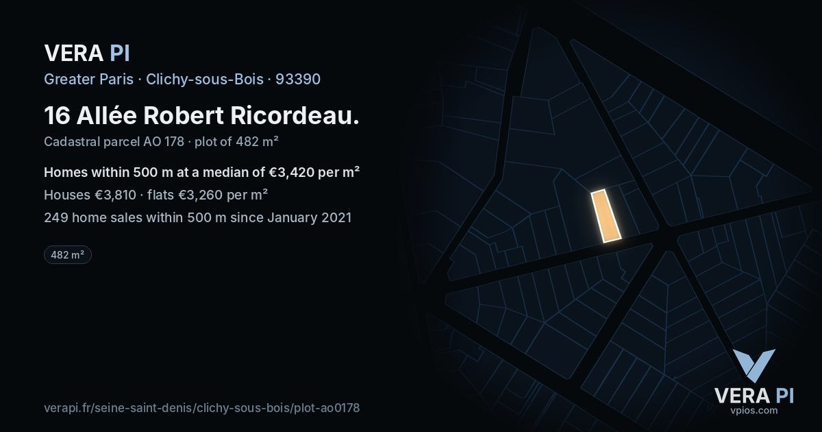 16 Allée Robert Ricordeau, Clichy-sous-Bois at night – the plot lit, the parcels around coloured by the prices near them