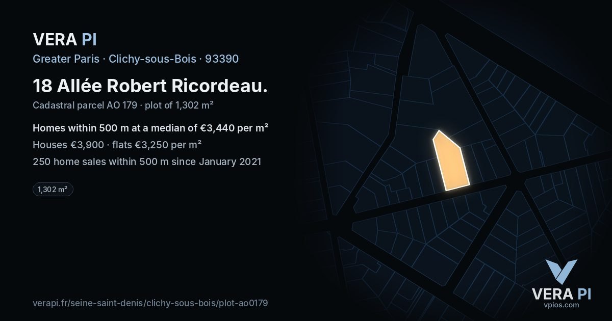 18 Allée Robert Ricordeau, Clichy-sous-Bois at night – the plot lit, the parcels around coloured by the prices near them