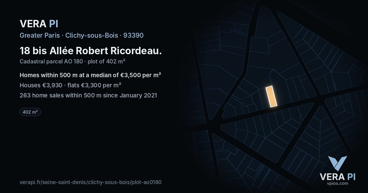 18 bis Allée Robert Ricordeau, Clichy-sous-Bois at night – the plot lit, the parcels around coloured by the prices near them