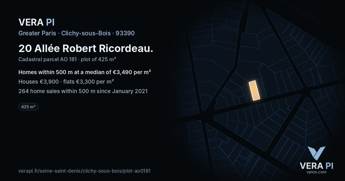 20 Allée Robert Ricordeau, Clichy-sous-Bois at night – the plot lit, the parcels around coloured by the prices near them