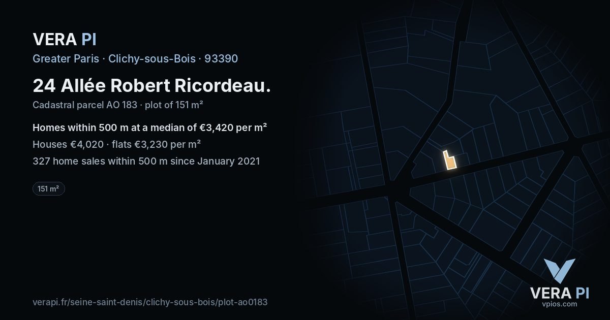 24 Allée Robert Ricordeau, Clichy-sous-Bois at night – the plot lit, the parcels around coloured by the prices near them