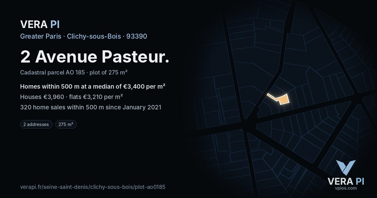 2 Avenue Pasteur, Clichy-sous-Bois at night – the plot lit, the parcels around coloured by the prices near them
