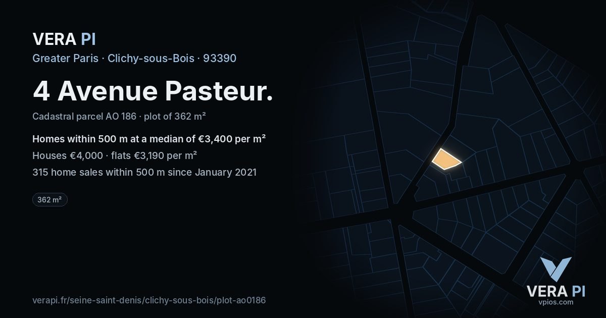 4 Avenue Pasteur, Clichy-sous-Bois at night – the plot lit, the parcels around coloured by the prices near them