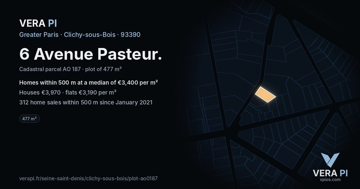 6 Avenue Pasteur, Clichy-sous-Bois at night – the plot lit, the parcels around coloured by the prices near them