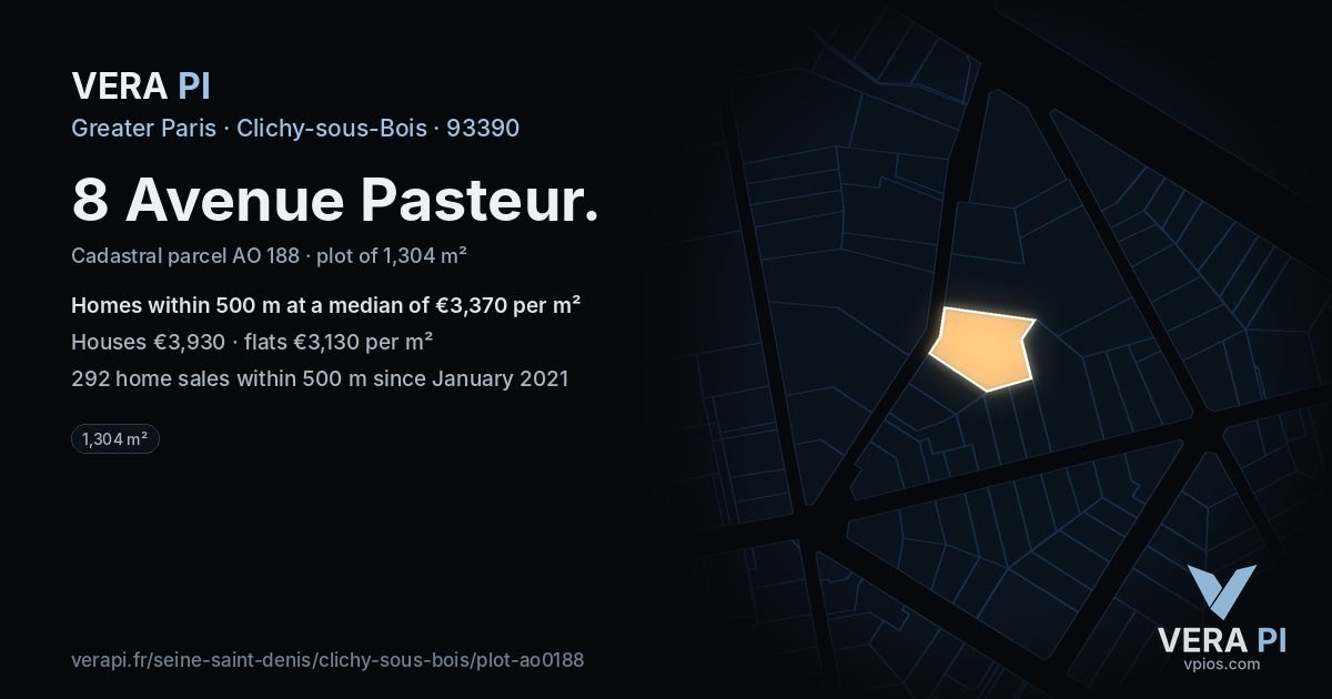 8 Avenue Pasteur, Clichy-sous-Bois at night – the plot lit, the parcels around coloured by the prices near them