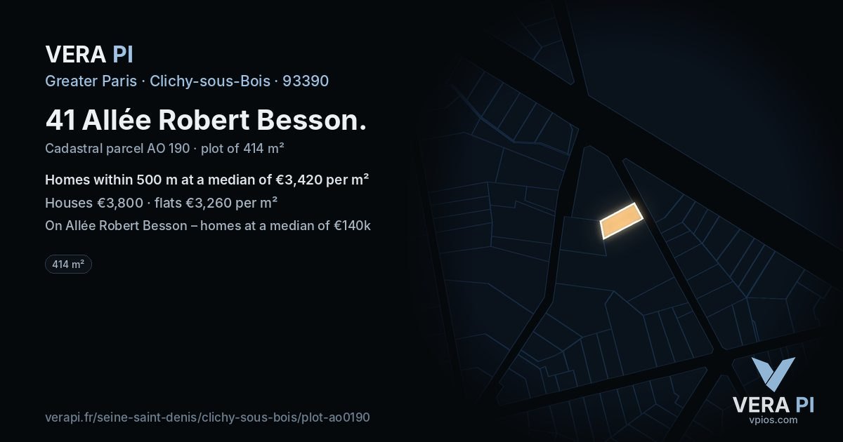 41 Allée Robert Besson, Clichy-sous-Bois at night – the plot lit, the parcels around coloured by the prices near them